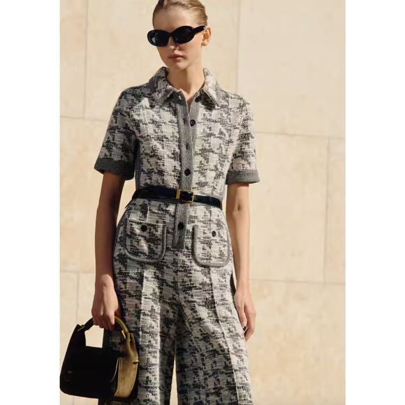 ME+EM Exaggerated Houndstooth Travel Tweed Jumpsuit - Picture 1 of 13